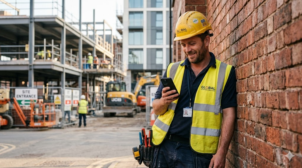 Electrician on job site checking phone after sending a quote with Flint