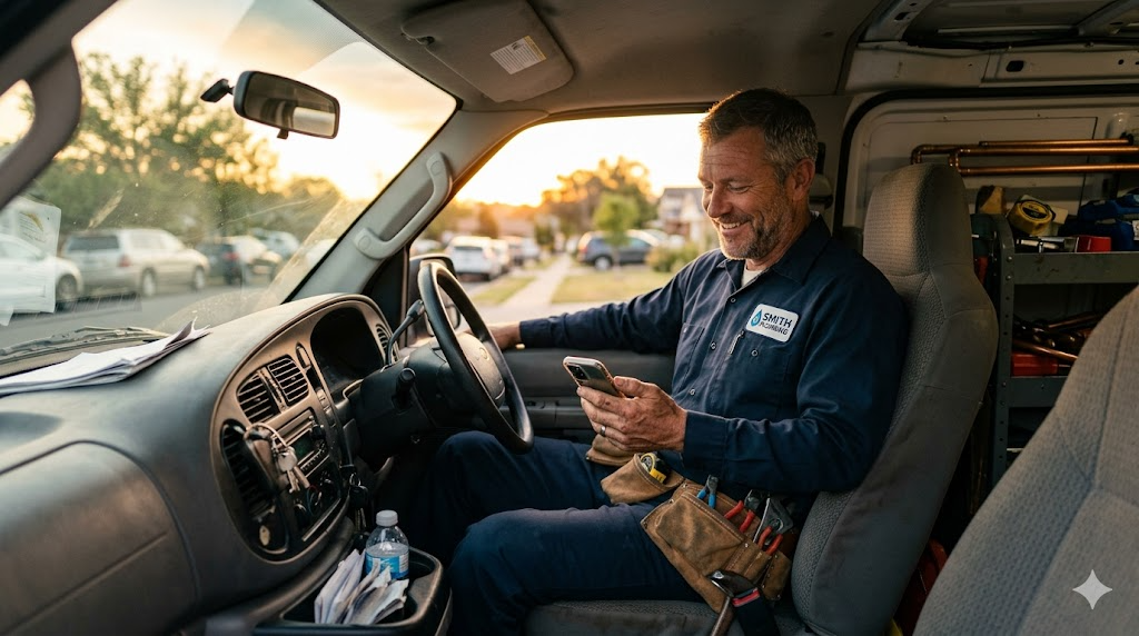 Plumber relaxing in van after finishing work early using Flint