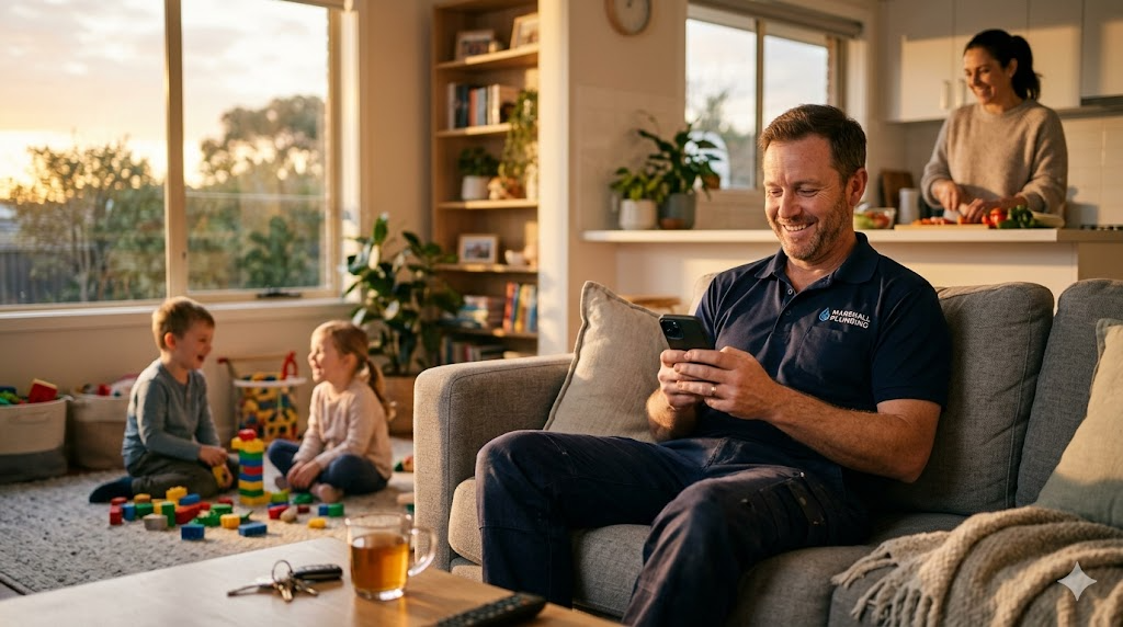 Plumber relaxing at home with family after finishing work early