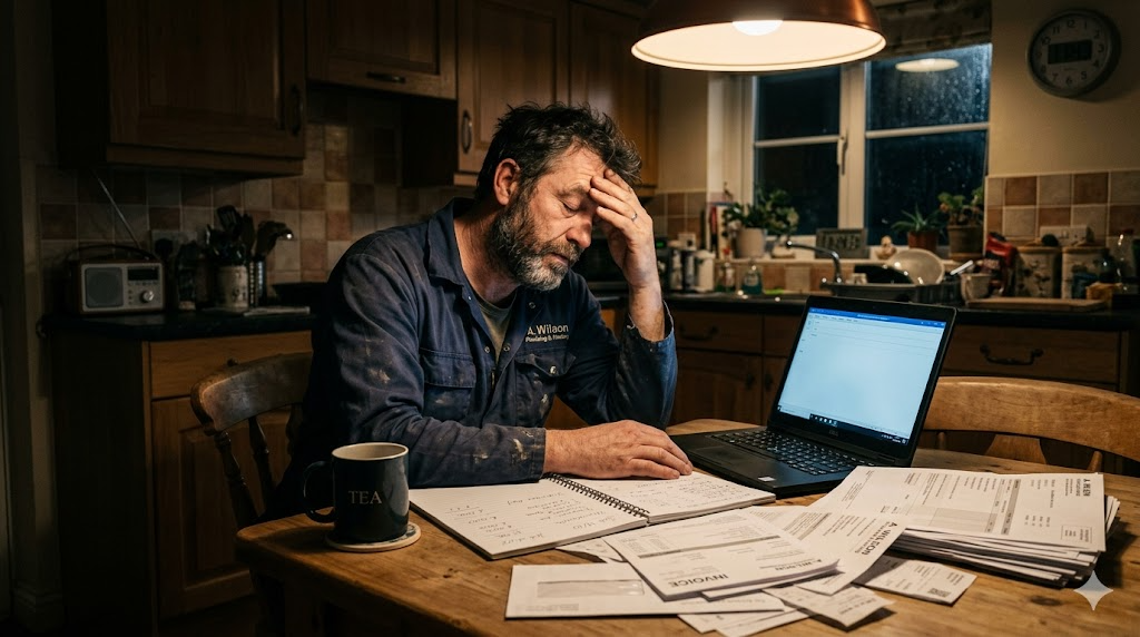 Plumber stressed with paperwork late at night